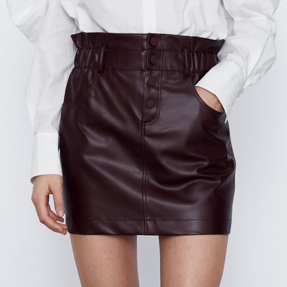 NEW Zara High Waist Paperbag Button Front Faux Leather Mini Skirt Burgundy Plum - Picture 5 of 9